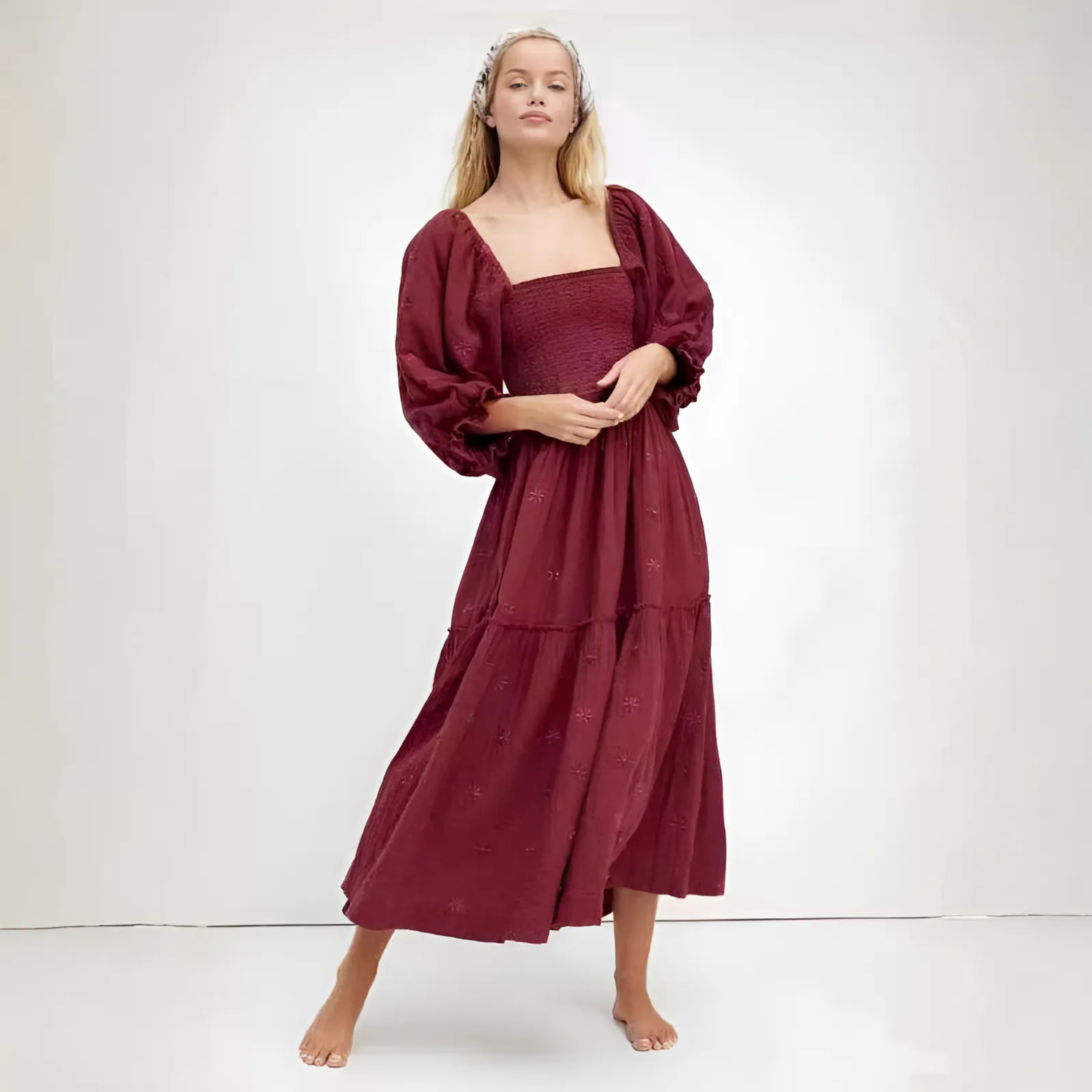 Hannah | Comfy Floral Lantern Sleeve Square Neck Maxi Dress