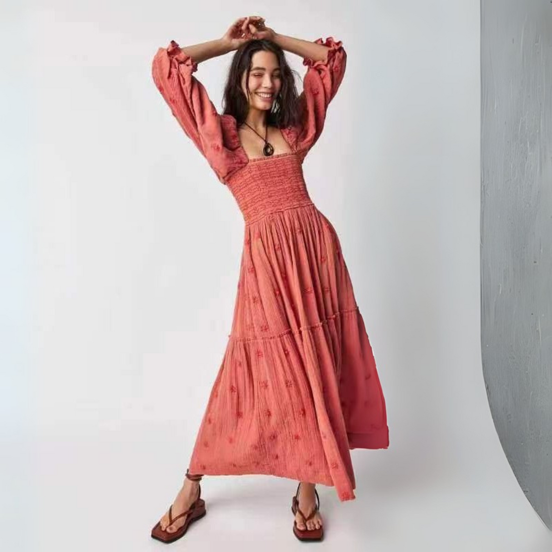 Hannah | Comfy Floral Lantern Sleeve Square Neck Maxi Dress