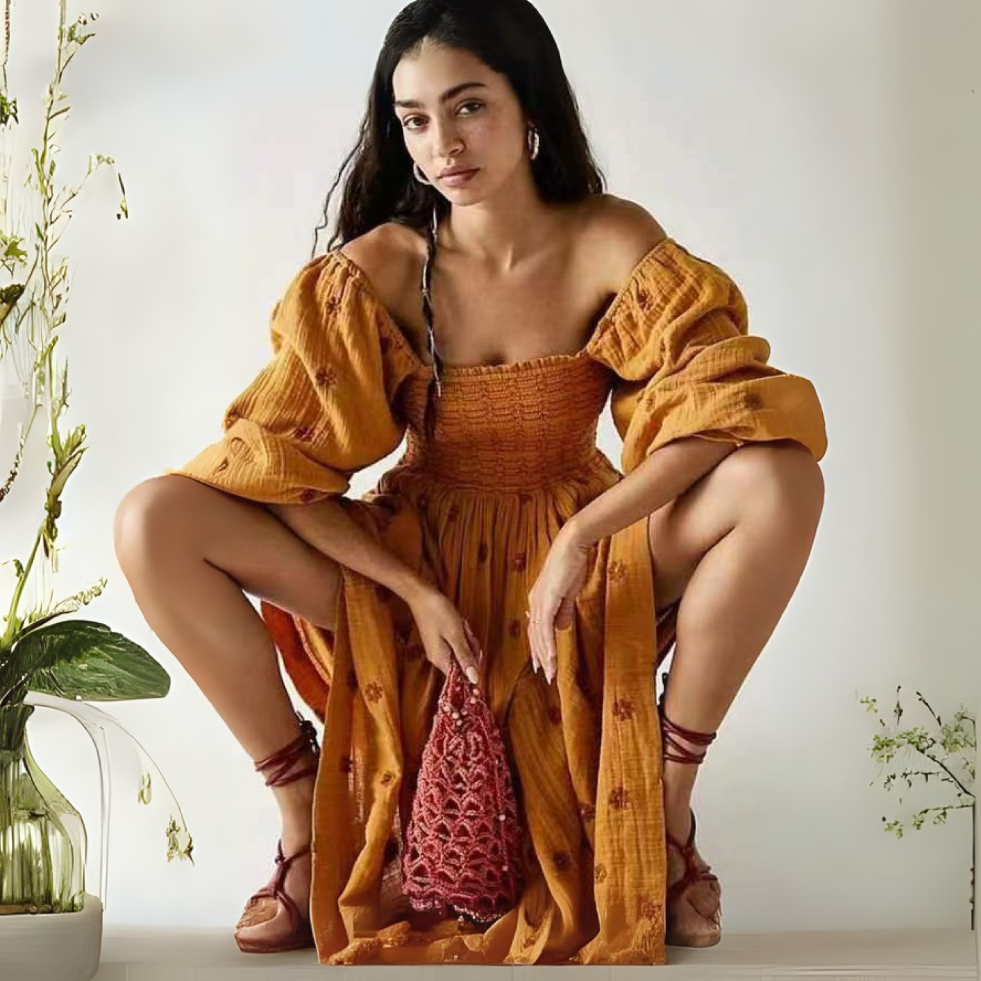 Hannah | Comfy Floral Lantern Sleeve Square Neck Maxi Dress
