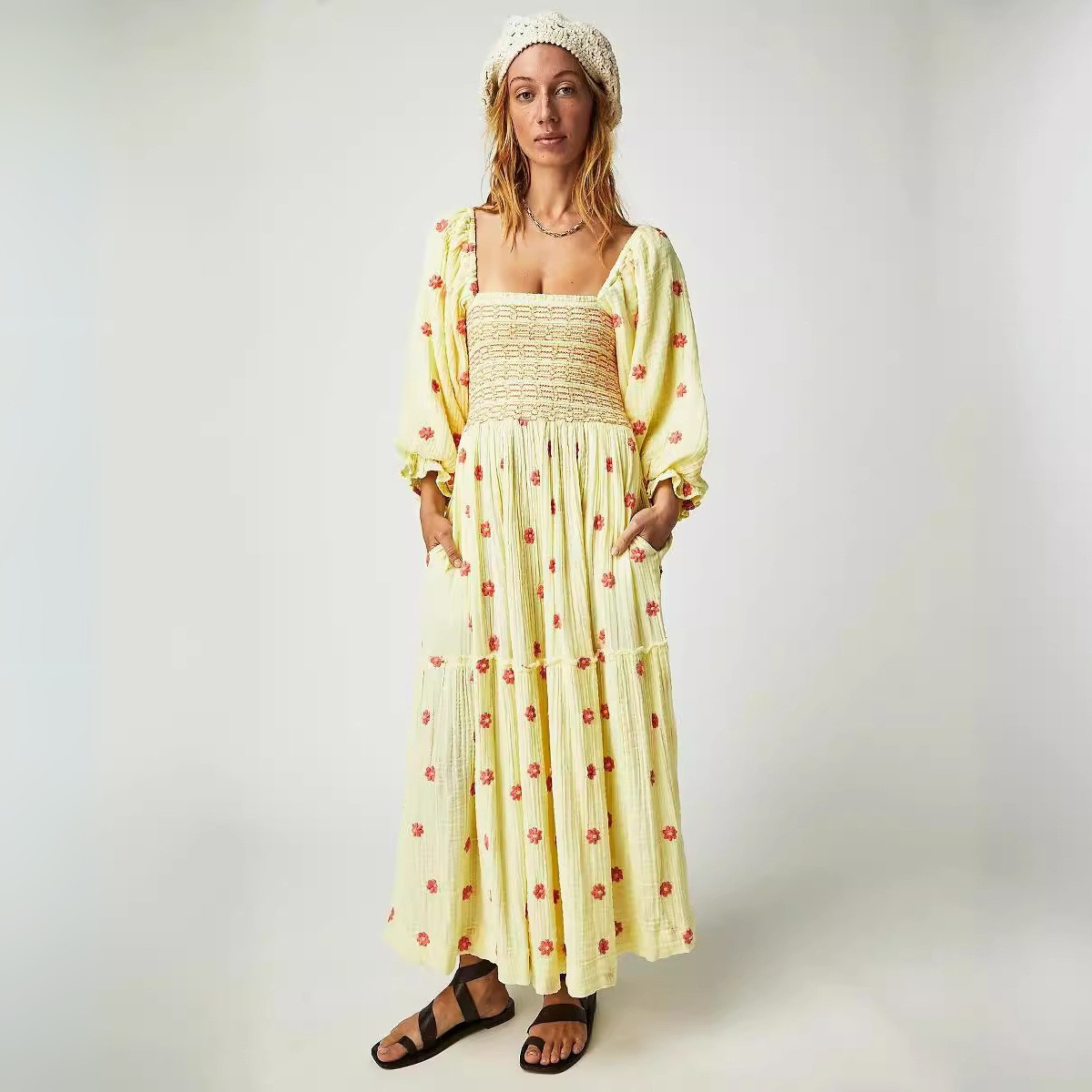 Hannah | Comfy Floral Lantern Sleeve Square Neck Maxi Dress