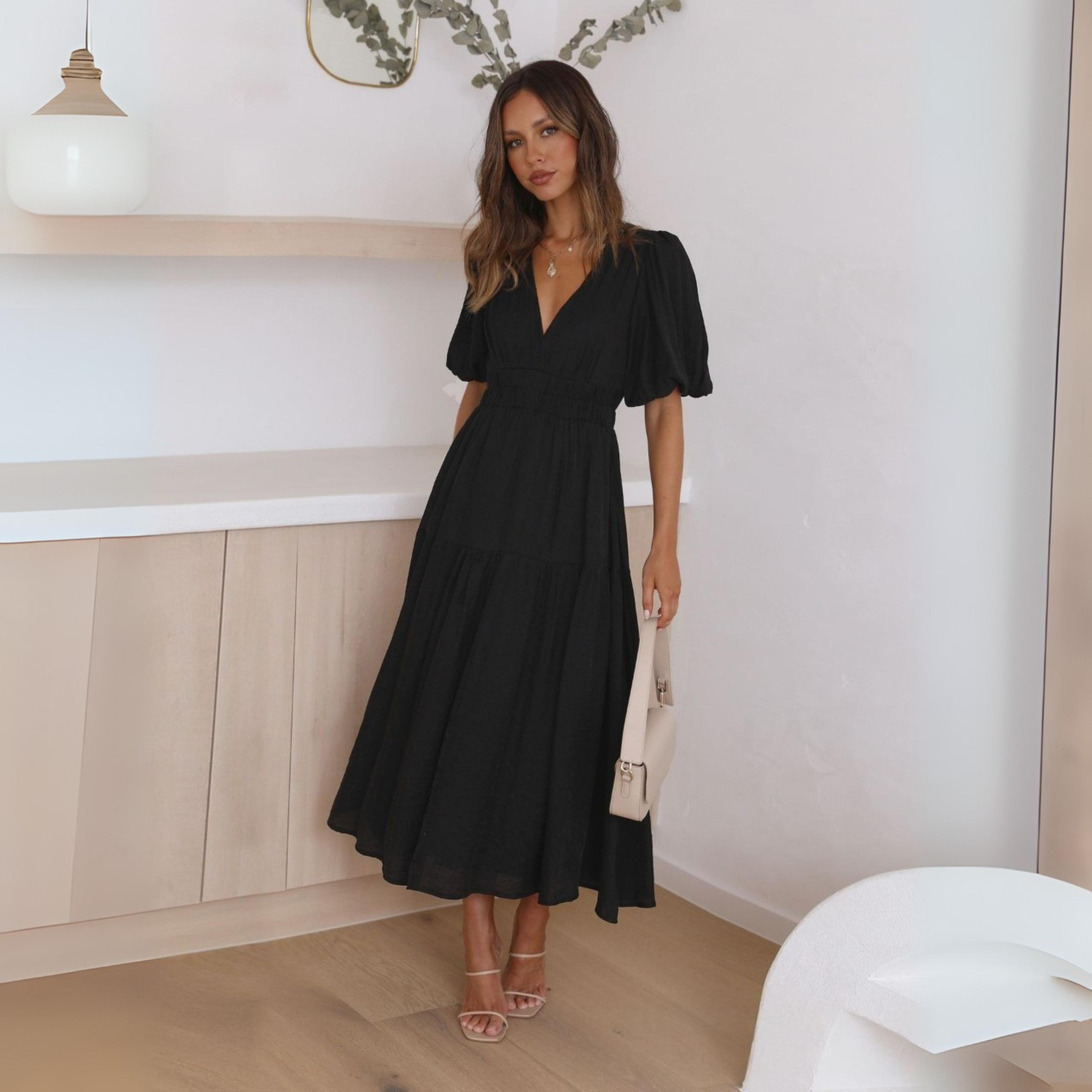 Namu | Classy V-Neck Long Sleeve A-Line Maxi Dress