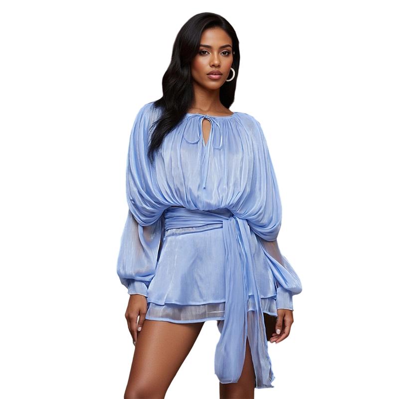 Sara | Ruffle Skirt Two-Piece with Lantern Sleeves & Tie-up Front