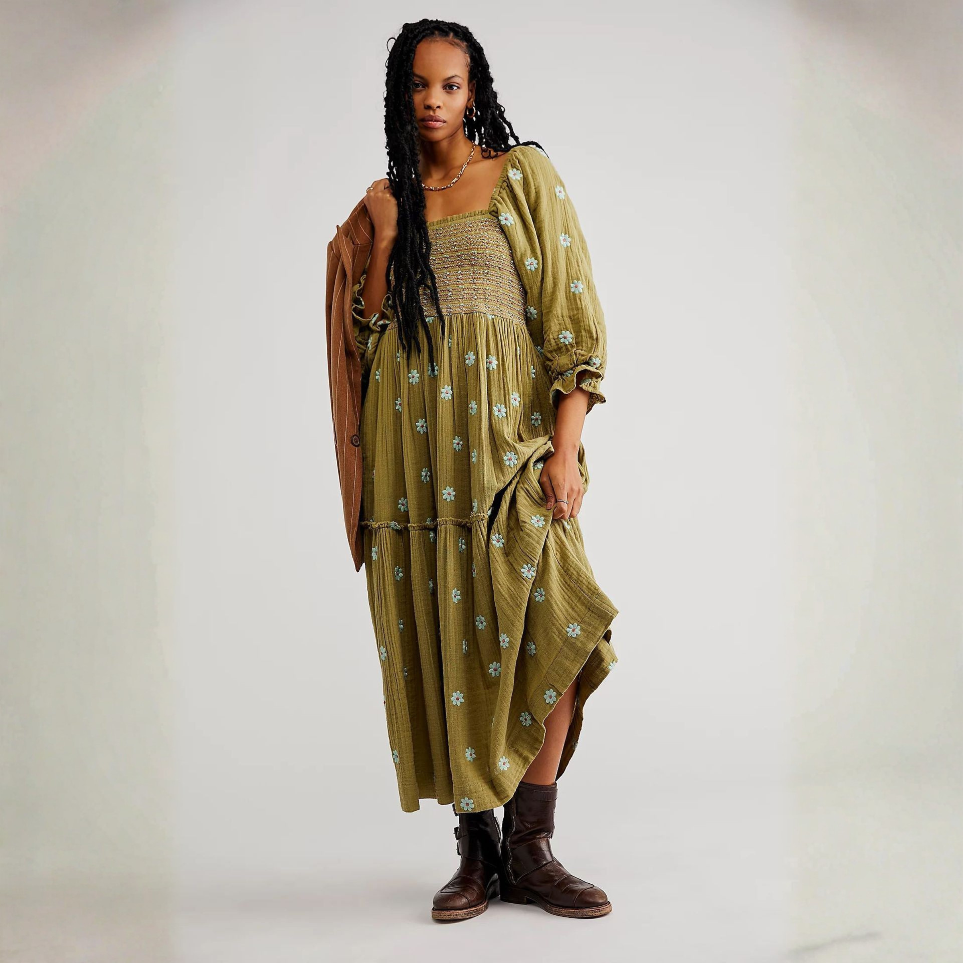 Hannah | Comfy Floral Lantern Sleeve Square Neck Maxi Dress