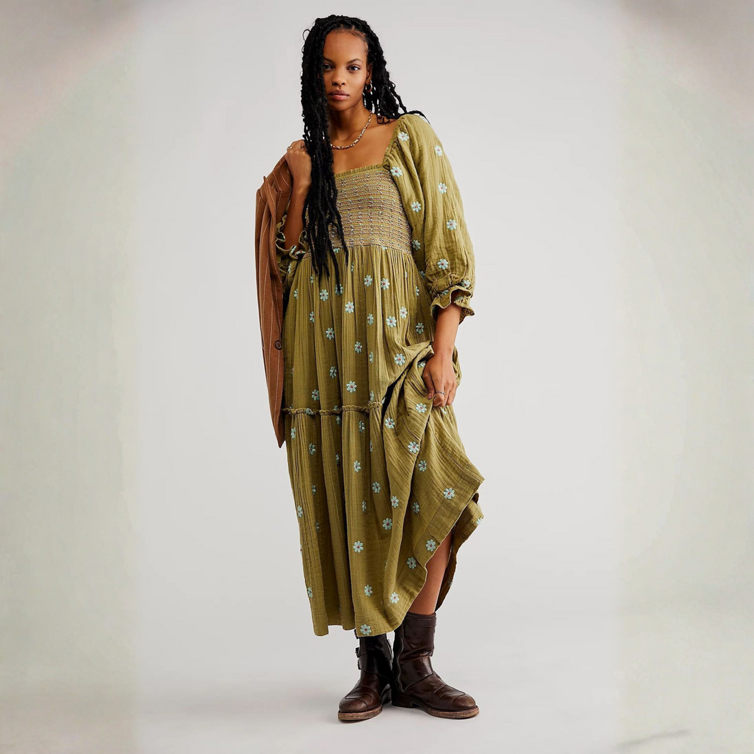 Hannah | Comfy Floral Lantern Sleeve Square Neck Maxi Dress