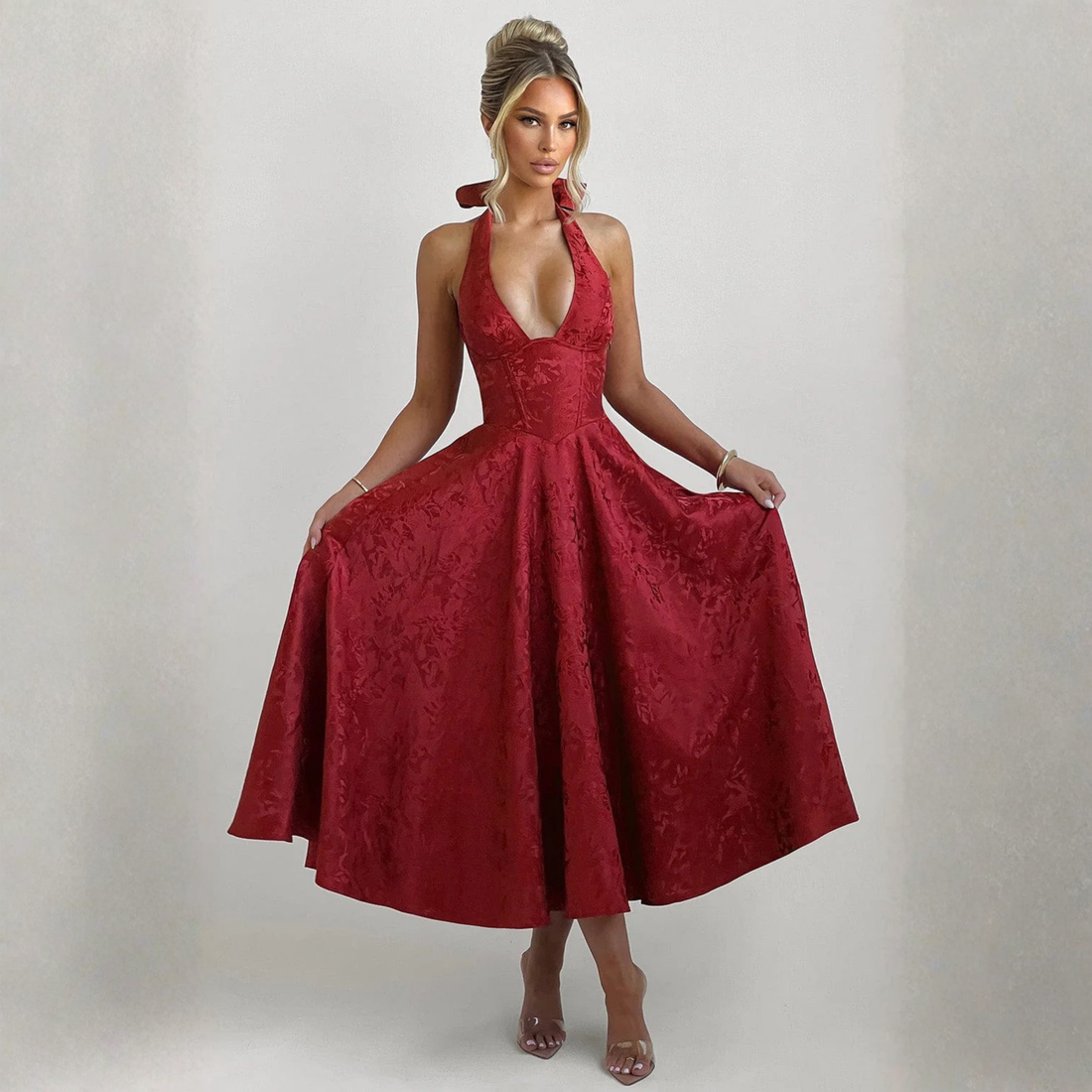 Ziora | Chic Low Cut Sleeveless Open Back A-Line Halter Maxi Dress