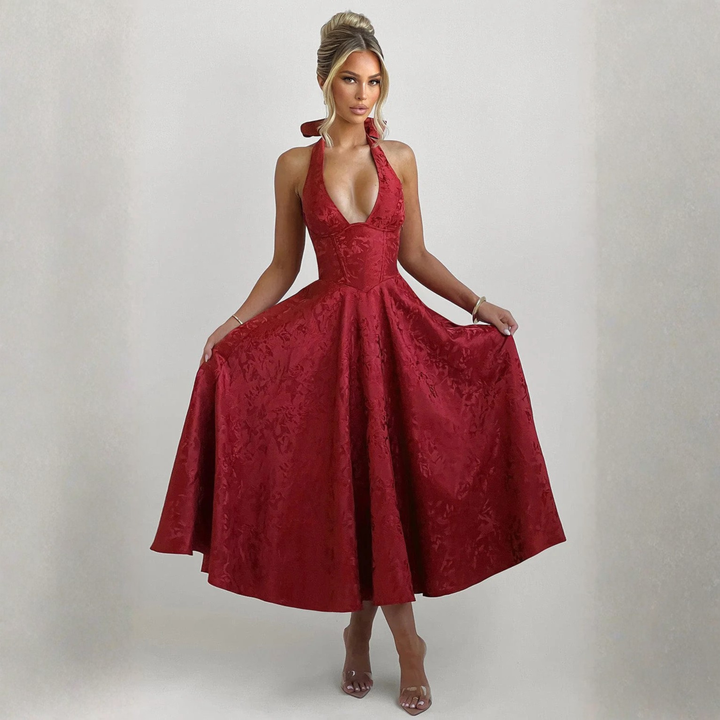 Ziora | Chic Low Cut Sleeveless Open Back A-Line Halter Maxi Dress