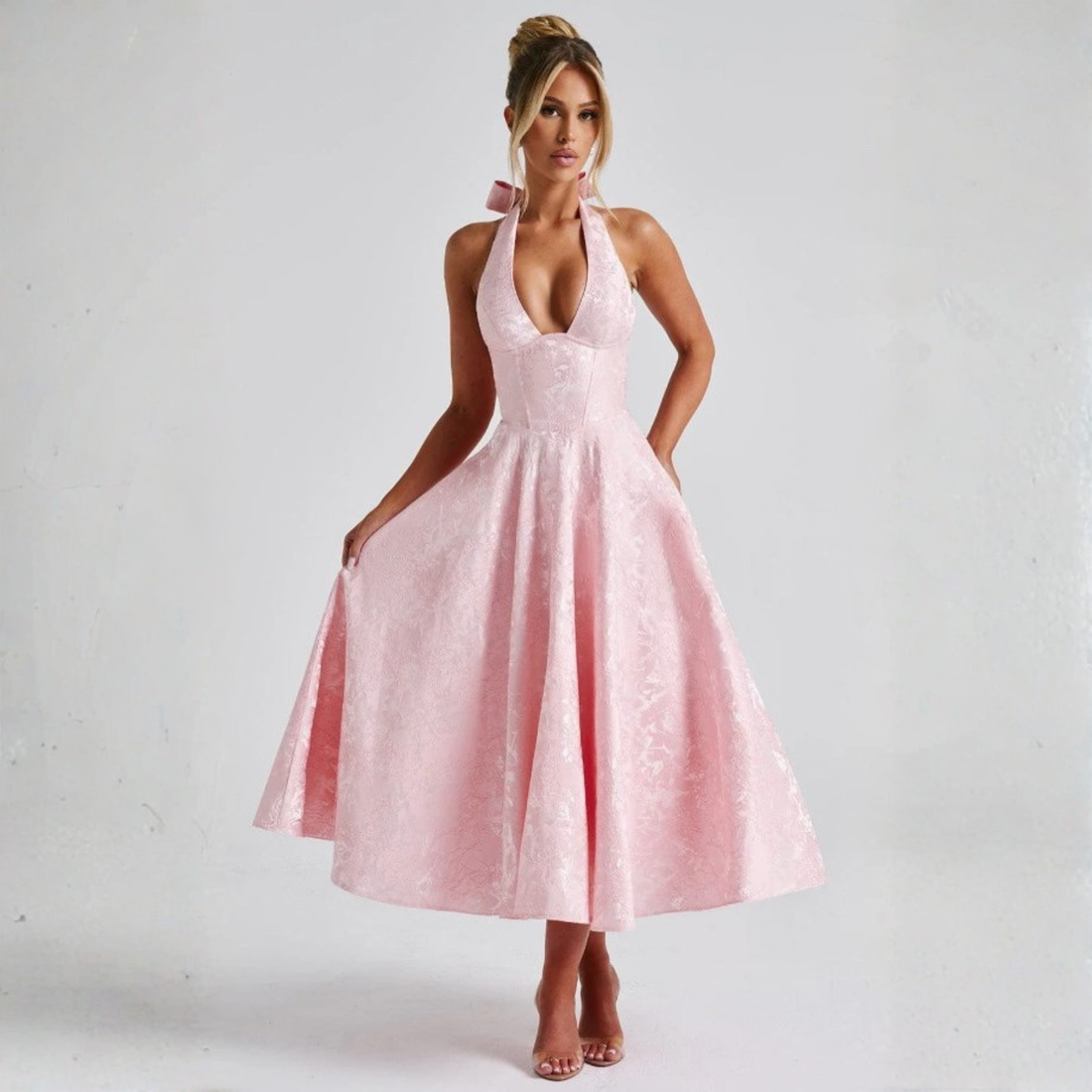 Ziora | Chic Low Cut Sleeveless Open Back A-Line Halter Maxi Dress
