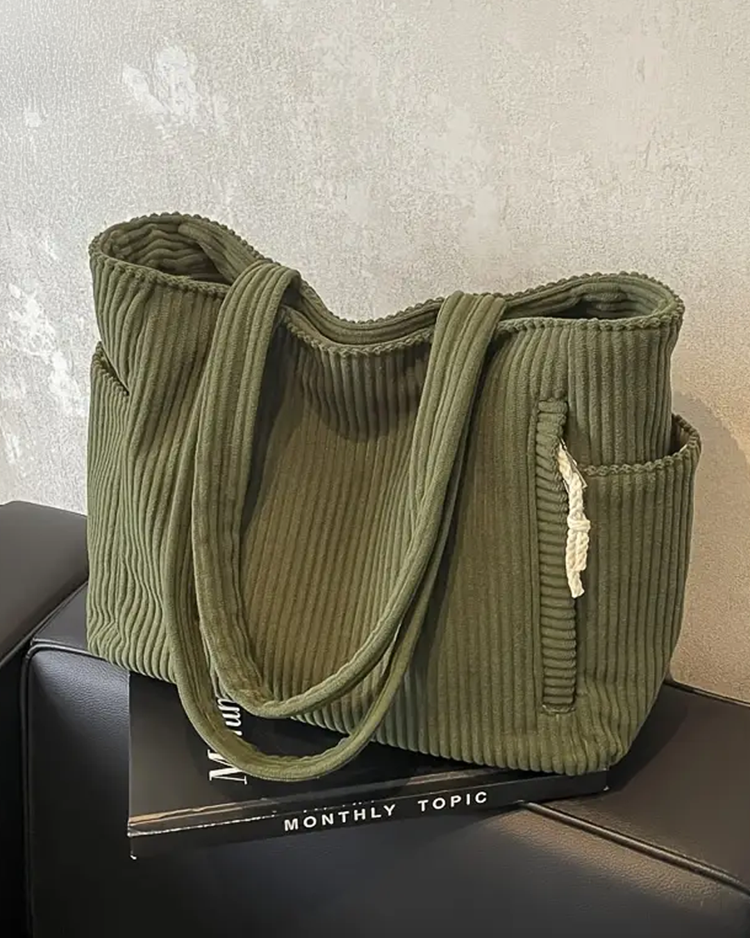 Sociani | Trending Ribbed Tote Bag with Drawstring Detail