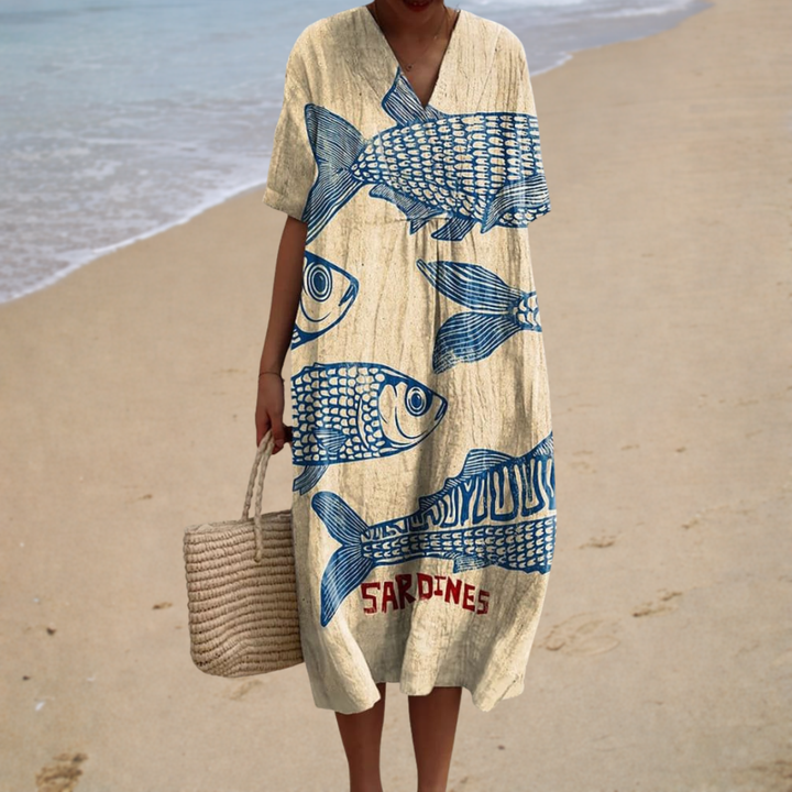 Connie | Long Sardine Print Dress