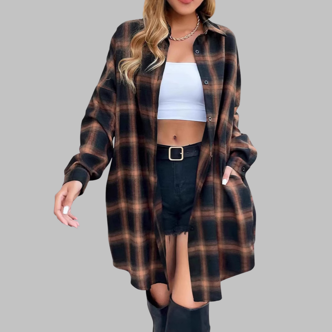 CINA™ - Classy Button Down Plaid Long-Sleeve Jacket
