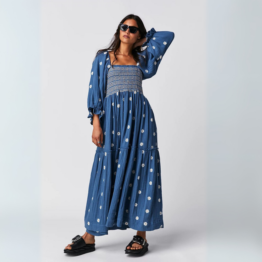 Hannah | Comfy Floral Lantern Sleeve Square Neck Maxi Dress