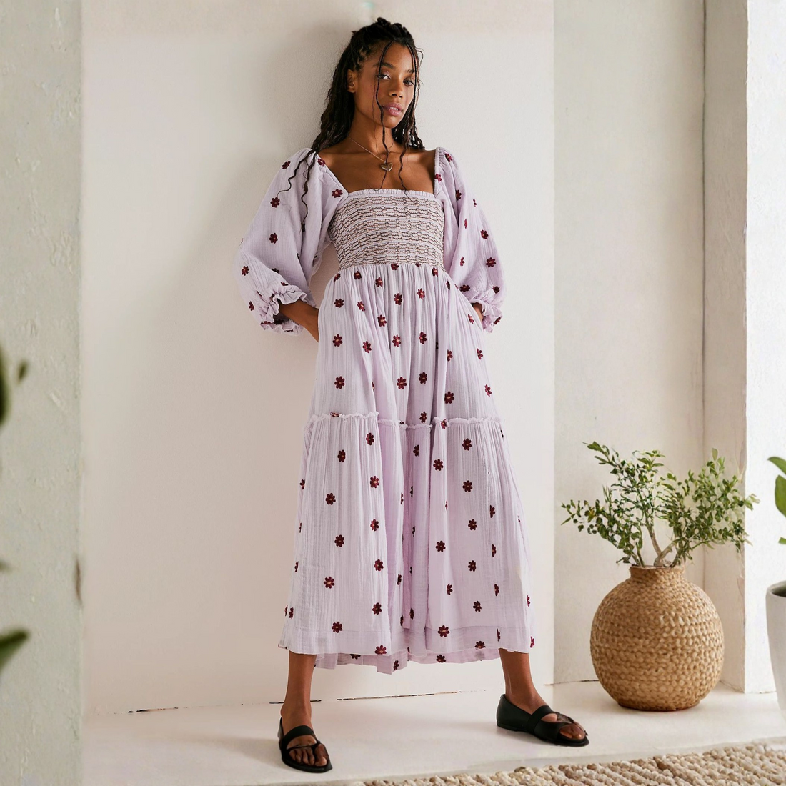 Hannah | Comfy Floral Lantern Sleeve Square Neck Maxi Dress