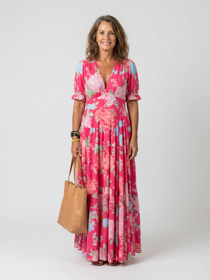 Ellie | Short Sleeve V Neck Floral Midi Dress