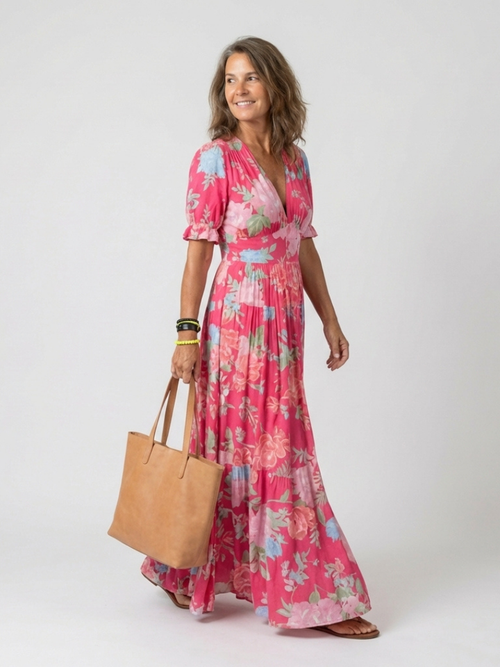 Ellie | Short Sleeve V Neck Floral Midi Dress