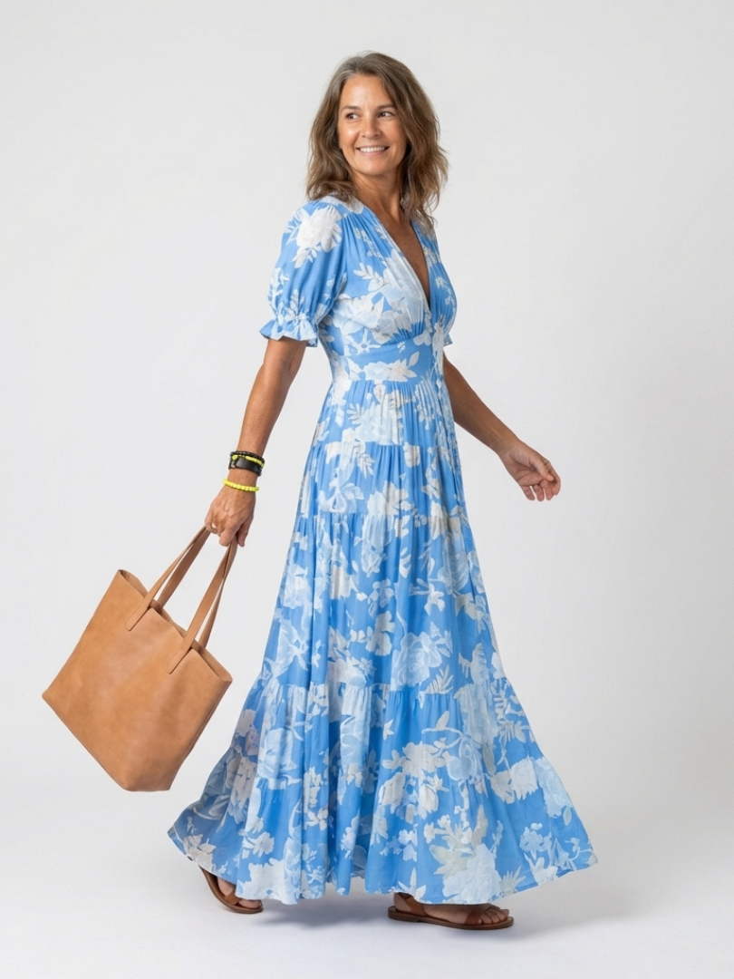 Ellie | Short Sleeve V Neck Floral Midi Dress