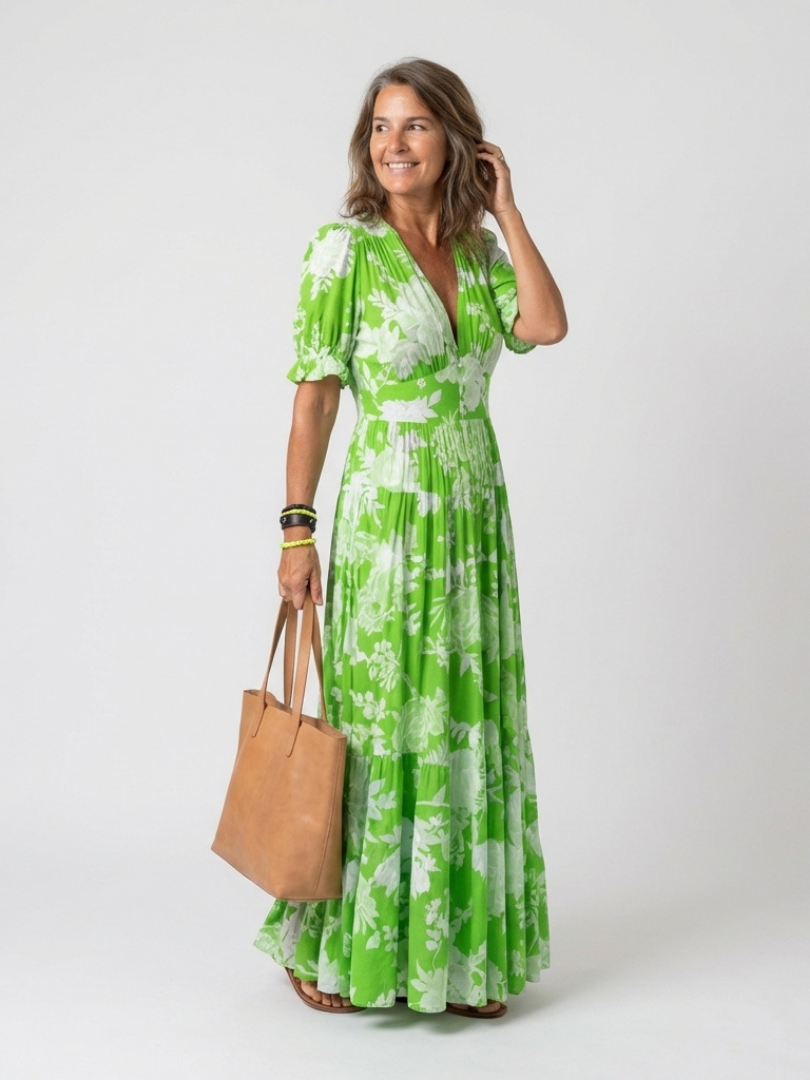 Ellie | Short Sleeve V Neck Floral Midi Dress