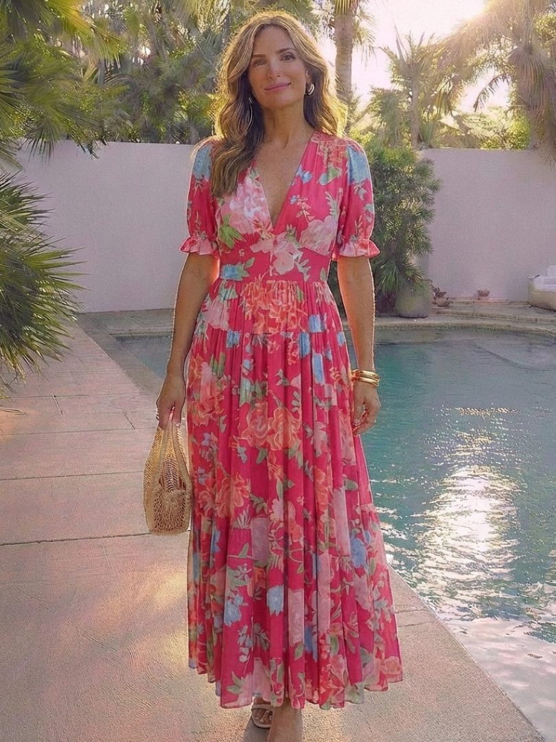 Ellie | Short Sleeve V Neck Floral Midi Dress
