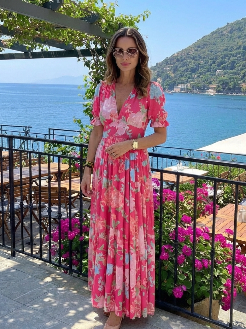 Ellie | Short Sleeve V Neck Floral Midi Dress
