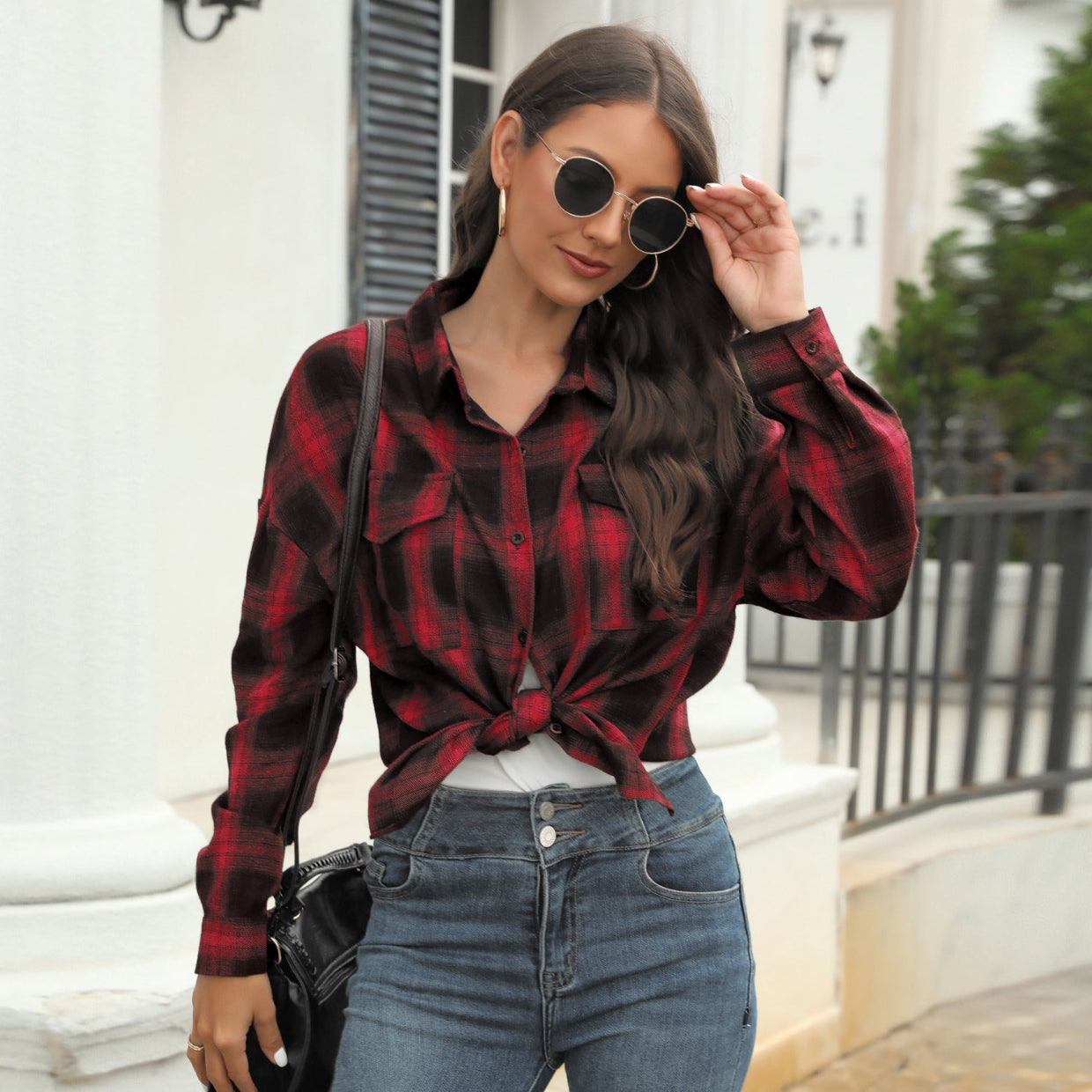 Tori | Vintage Plaid Button Down Long Sleeve Blouse