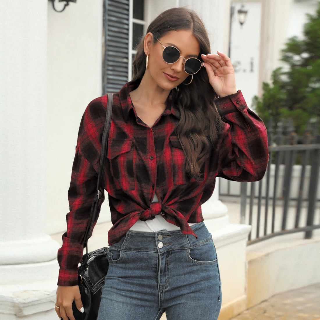 Tori | Vintage Plaid Button Down Long Sleeve Blouse