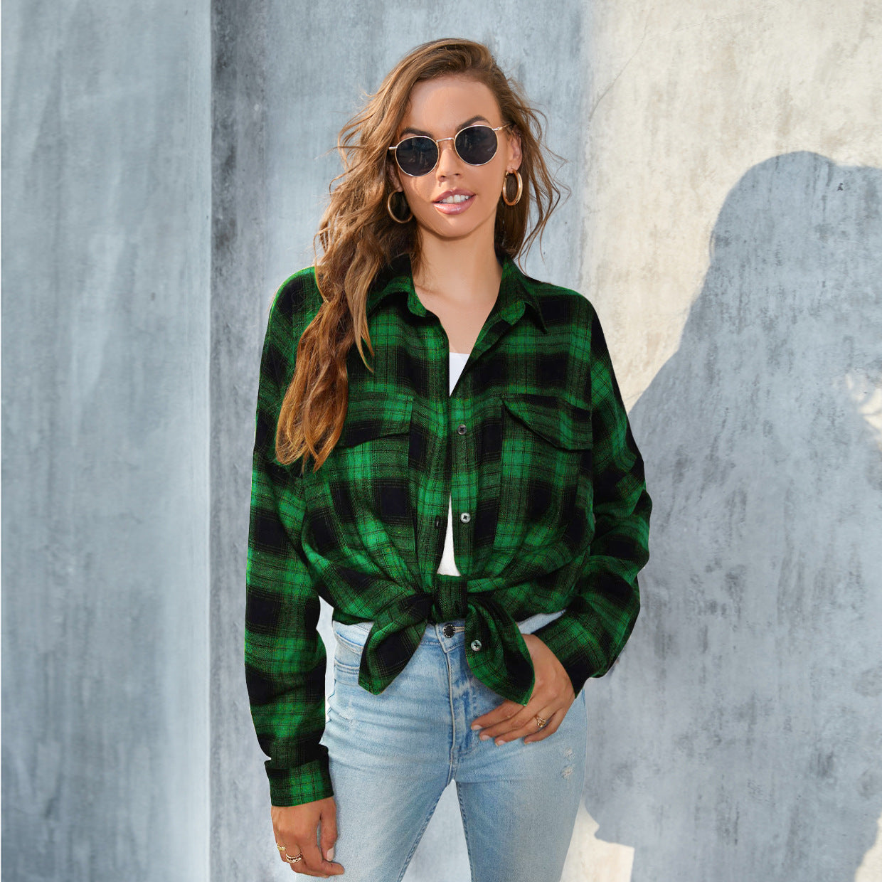 Tori | Vintage Plaid Button Down Long Sleeve Blouse
