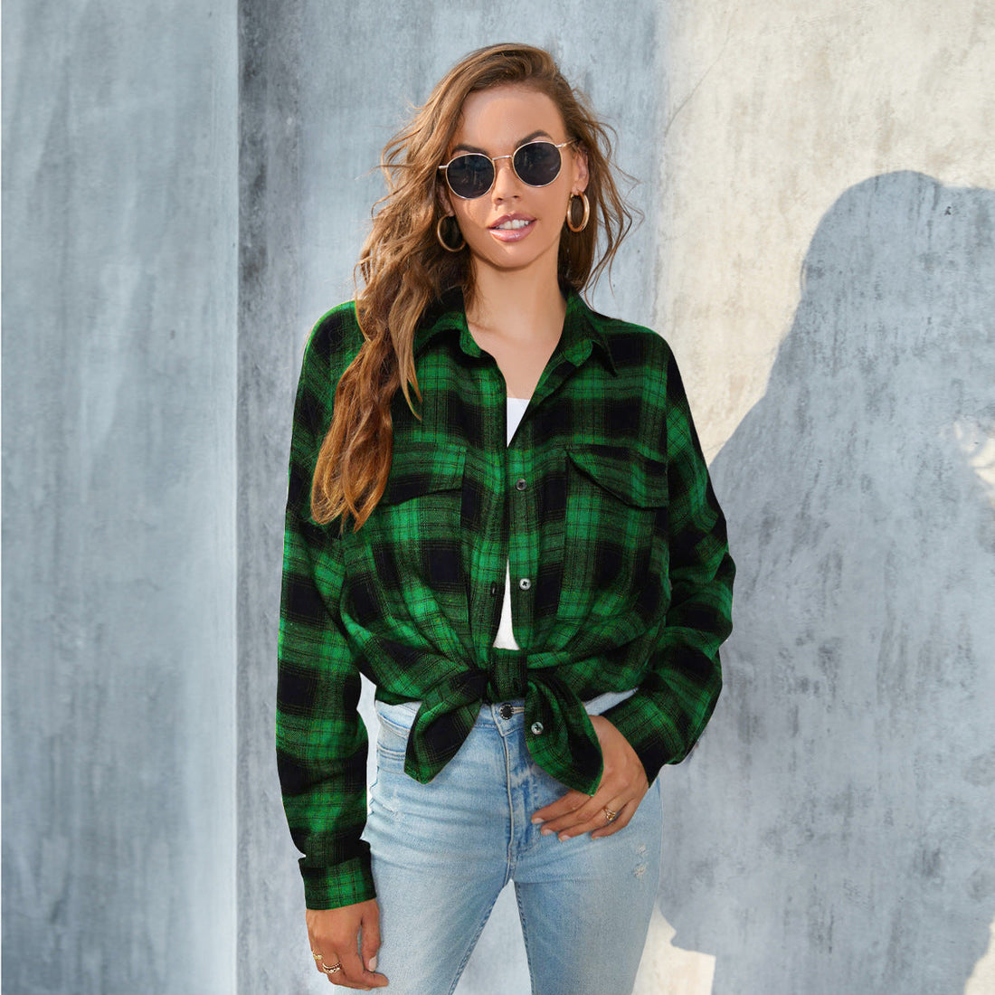 Tori | Vintage Plaid Button Down Long Sleeve Blouse