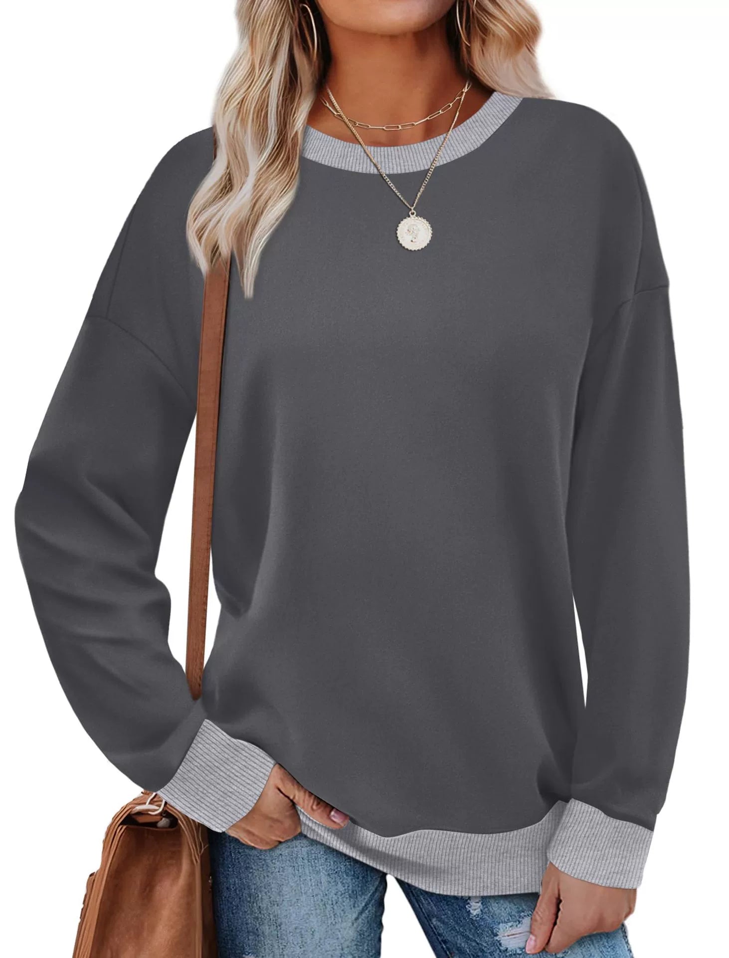 Margaret | Contrast Trim Crew Neck Long Sleeve Tunic Sweatshirt