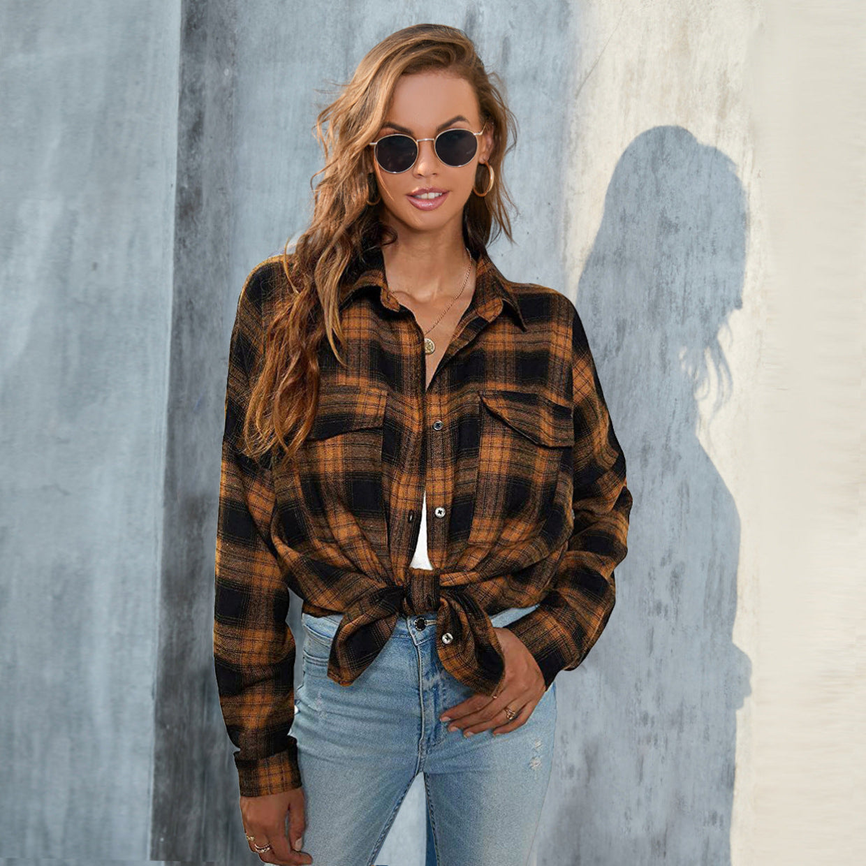 Tori | Vintage Plaid Button Down Long Sleeve Blouse