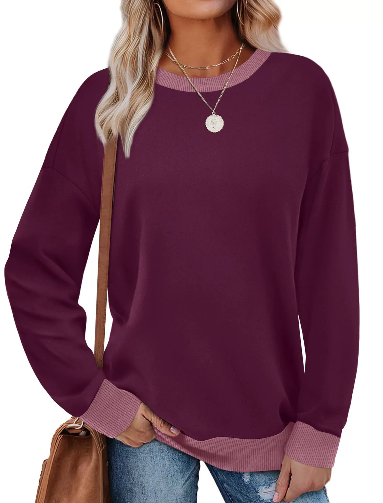 Margaret | Contrast Trim Crew Neck Long Sleeve Tunic Sweatshirt