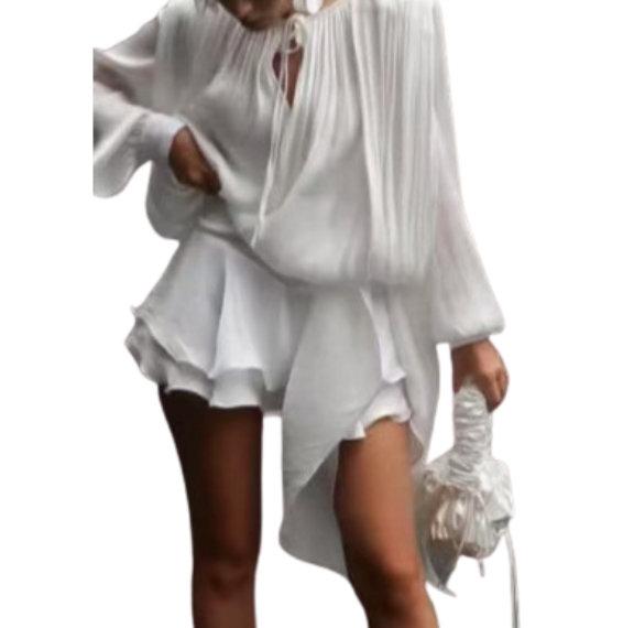Sara | Ruffle Skirt Two-Piece with Lantern Sleeves & Tie-up Front