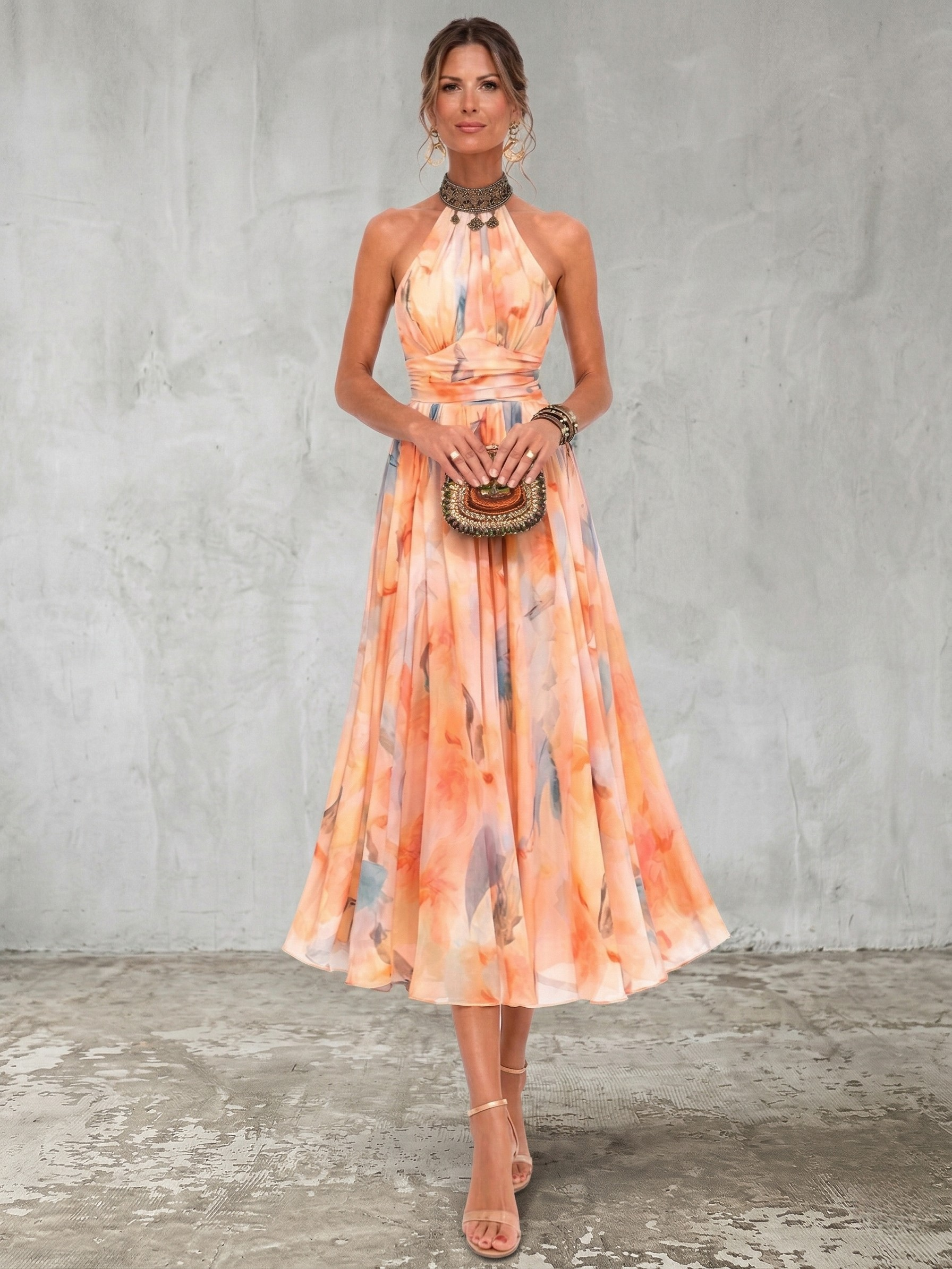 Celestia | Watercolour Halter Maxi Dress